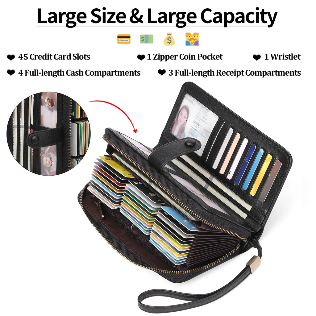 Expanding card holder women long wallet passport bag in light brown PU leather with anti-theft feature