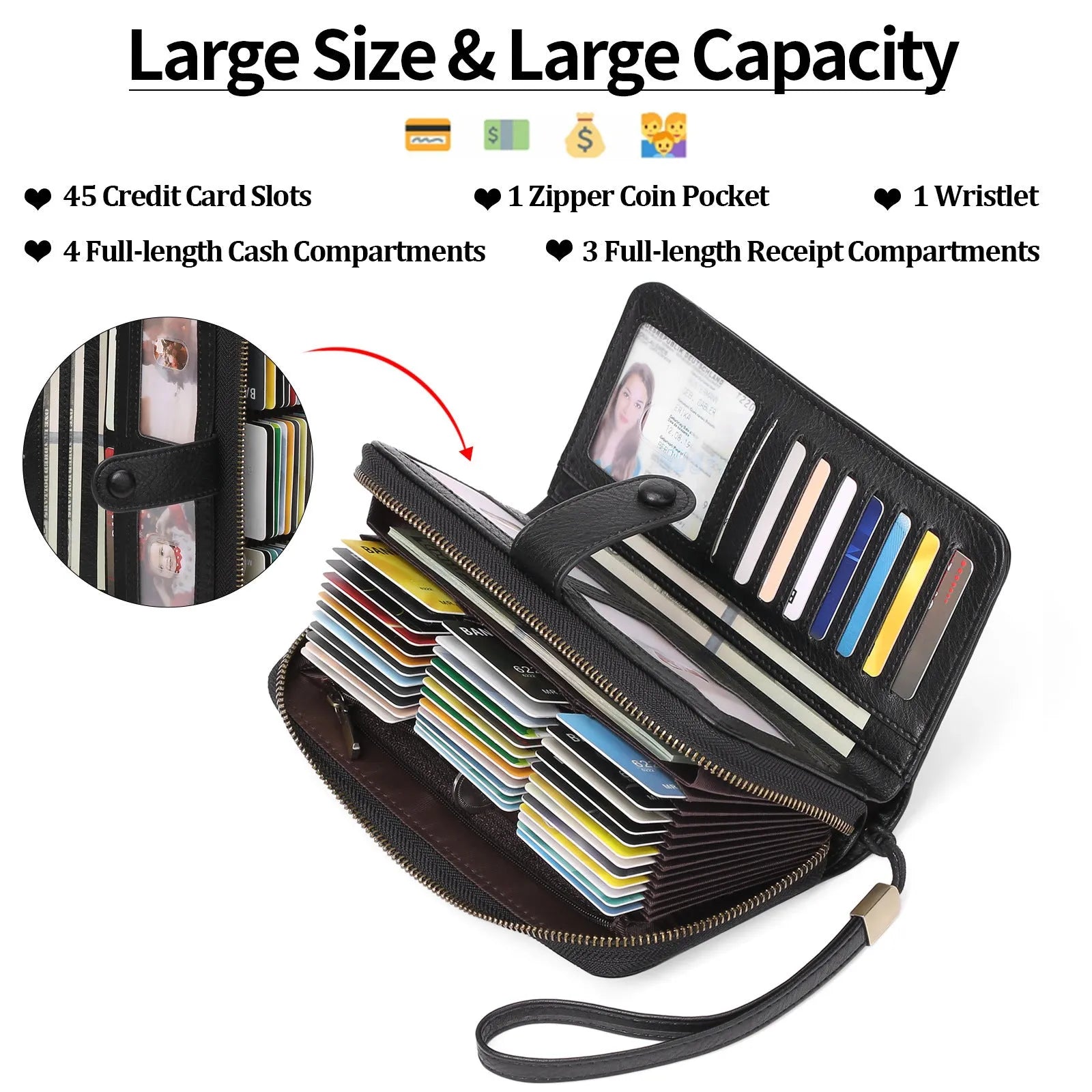 Expanding card holder women long wallet passport bag in light brown PU leather with anti-theft feature