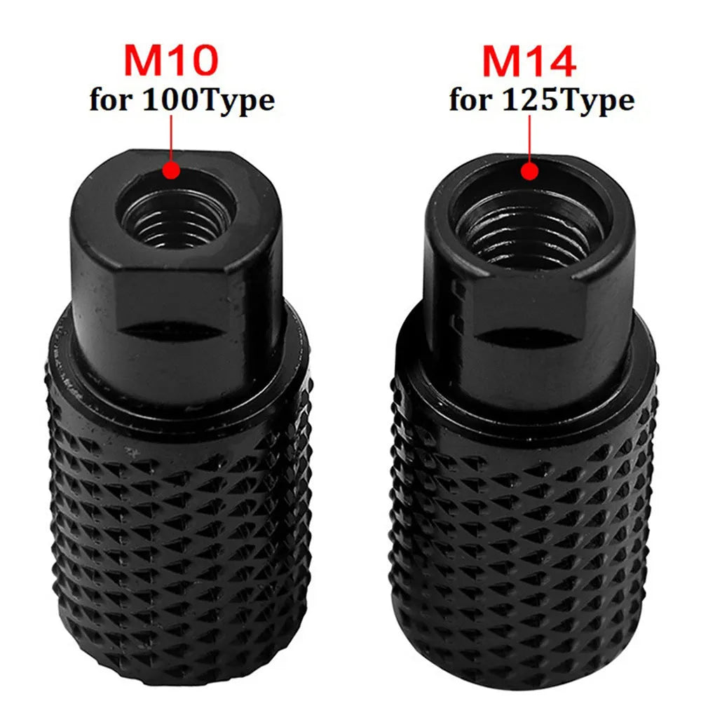 Angle grinder grinding head with spherical design and M10/M14 thread adapters for woodworking applications