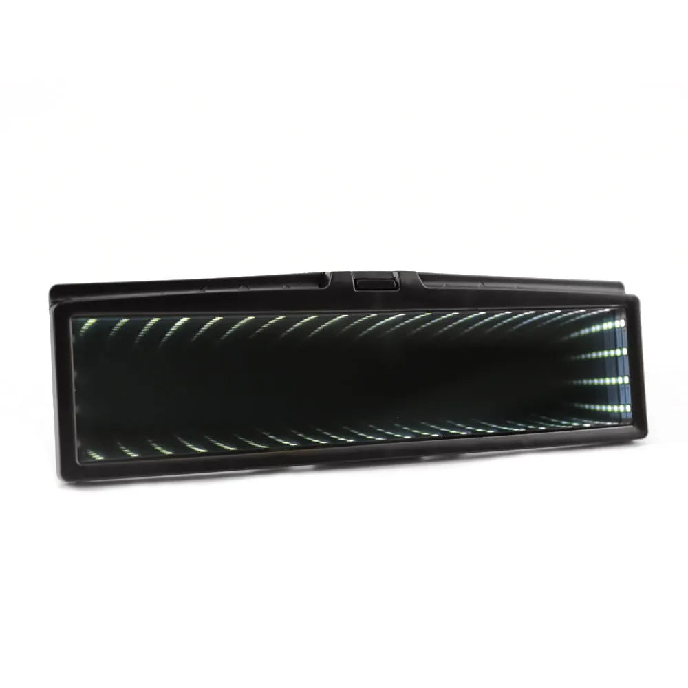 Wide 280mm flat car rearview mirror with anti-glare coating and colourful LED edge lighting in blue.