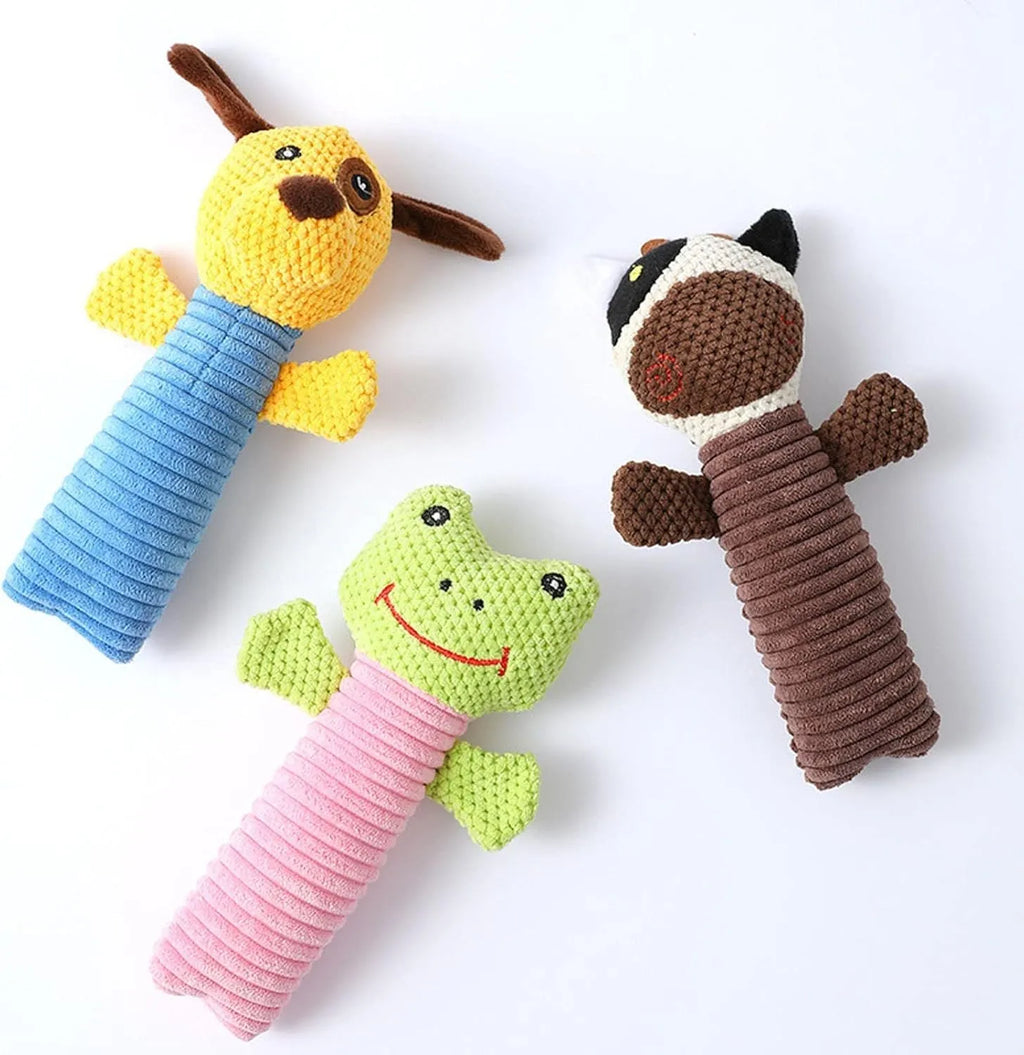Squeaky stuffed animal dog chew toy for dental care, shown in calf, frog, or puppy design.