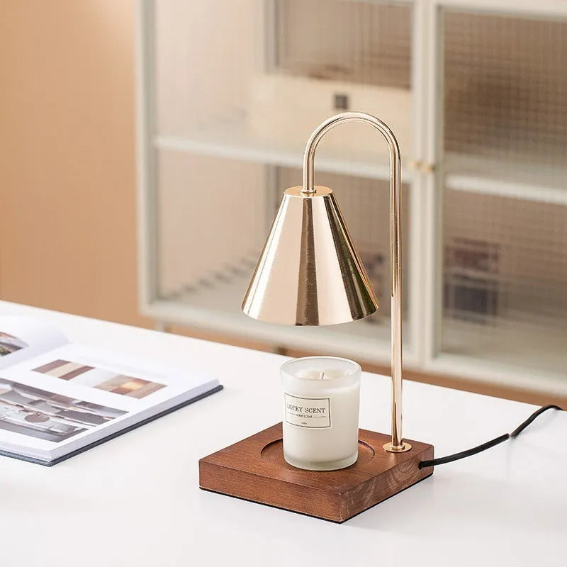 Oak and iron aromatherapy wax melting lamp with white lampshade and dimming switch, two bulbs included