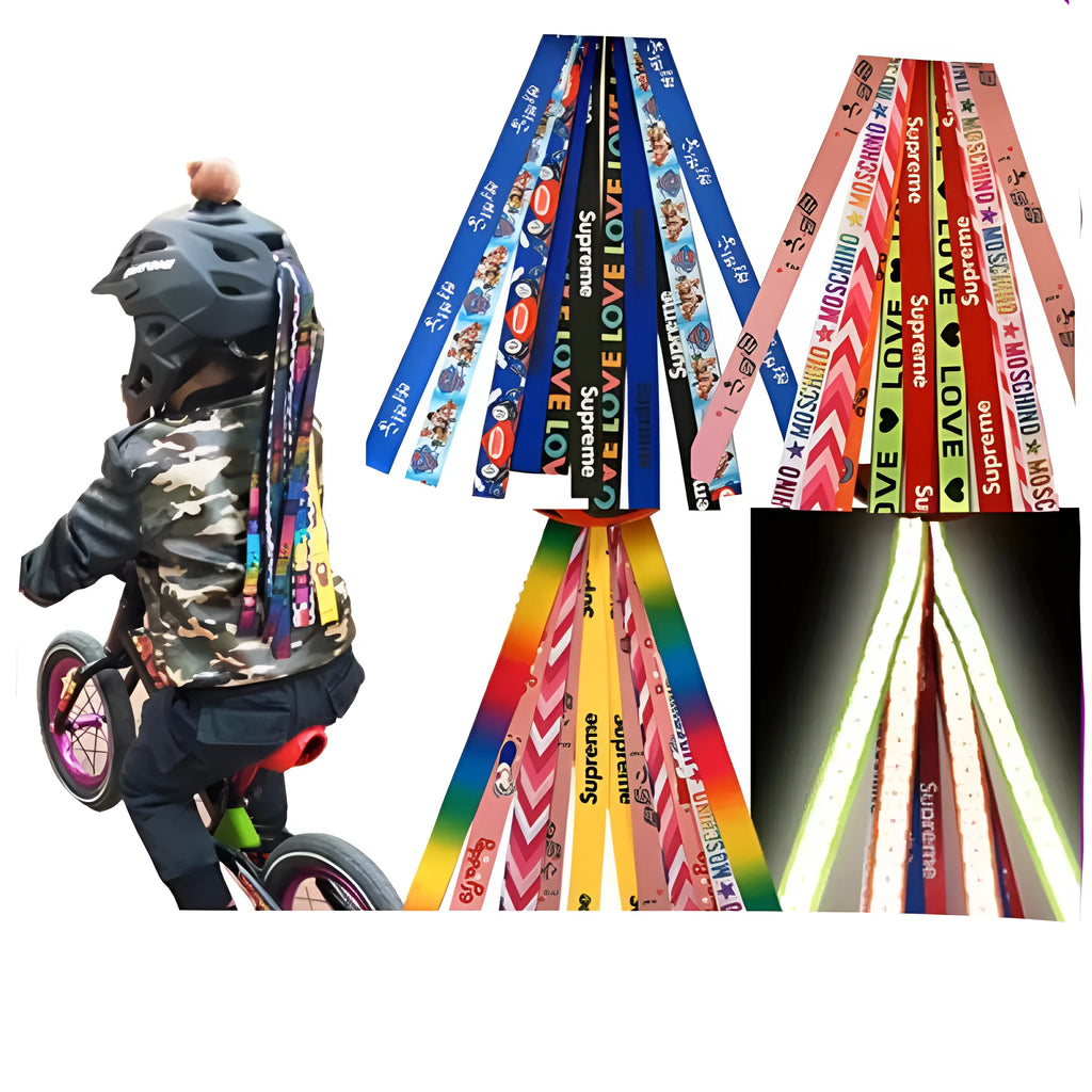 Close-up of a colourful ribbon streamer for decorating a child's roller skating or ski helmet.