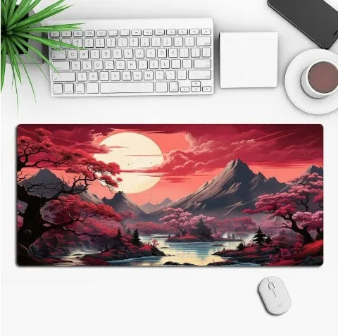 Anime design gaming mouse pad with non-slip rubber base shown on a desk