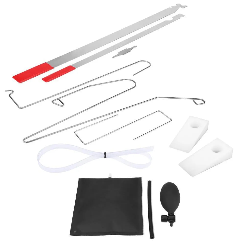 9-piece automotive maintenance tool set with air pump wedge, plastic wedges, crowbars, and hooks for emergency vehicle access