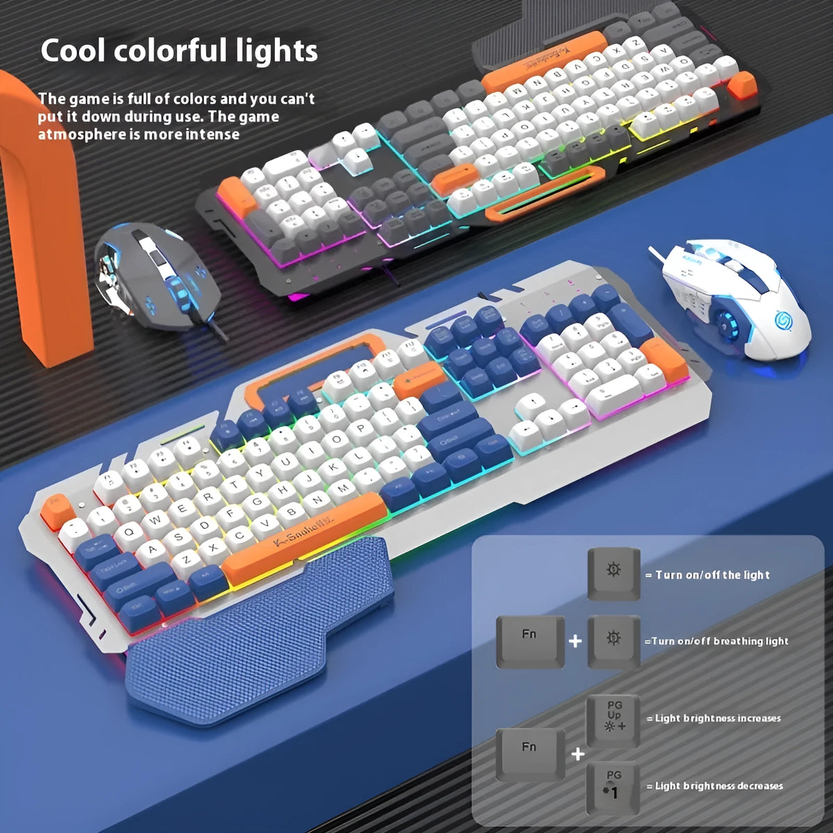 Blue backlit gaming keyboard and matching mouse with 1.5m USB cable on desktop