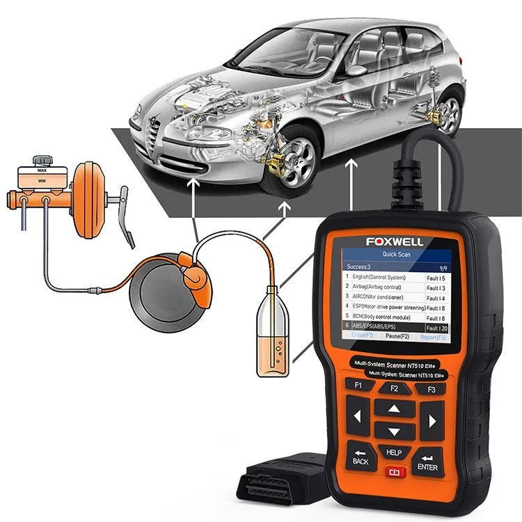 Foxwell NT510 orange and black automotive diagnostic scanner with OBD2 cable