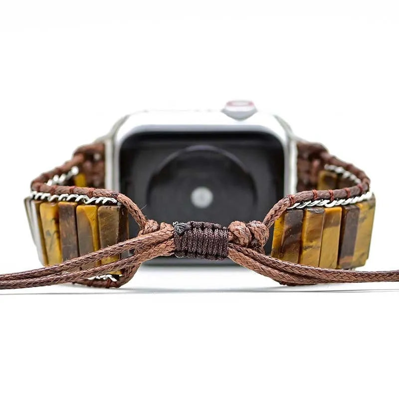 Rectangular tiger eye stone chain watch strap bracelet with adjustable textile band on wrist