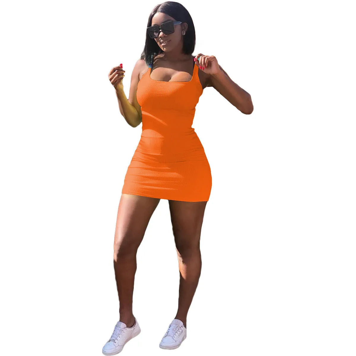 Casual strap dress with big U-neck, sunken stripe pattern, princess sleeves and wide waistband