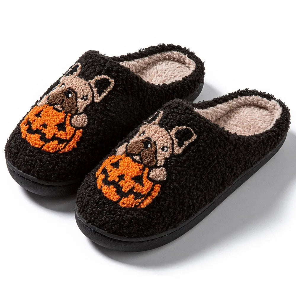 Halloween pumpkin design plush slippers with black velvet upper and TPR rubber sole.