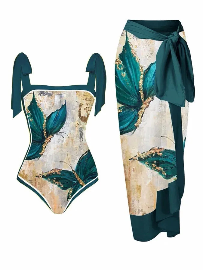 Women's printed two-piece chiffon swimsuit with matching hip skirt in polyester fabric