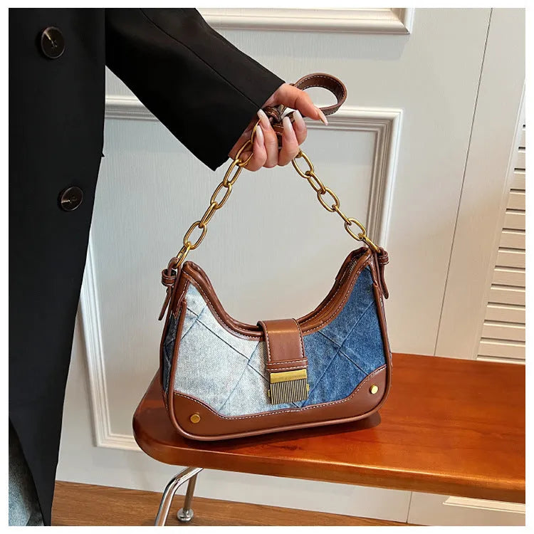Brown denim women's shoulder bag with diamond mesh panel and chain strap detailing