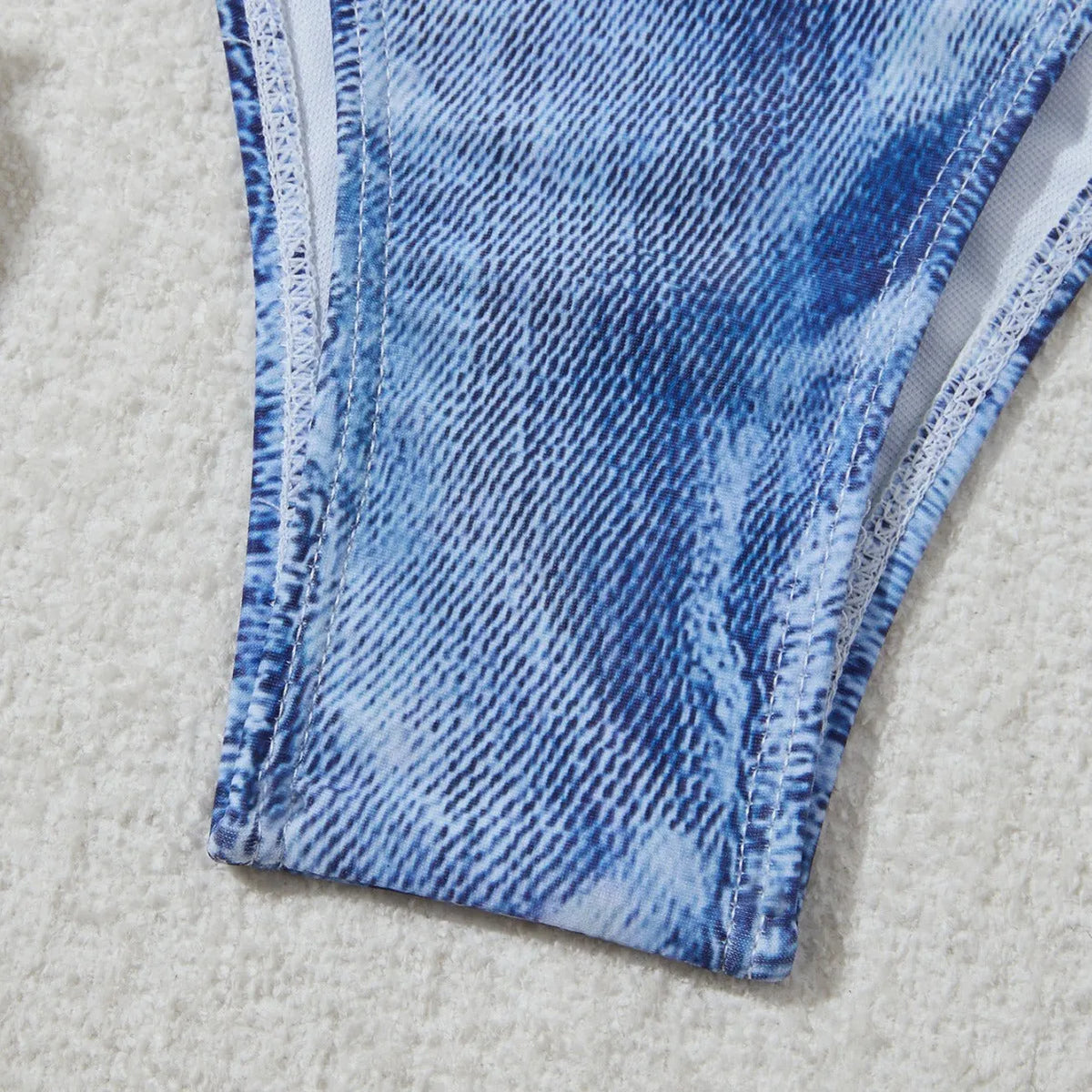 Women's denim blue printed bikini set with strap styling and spandex lining