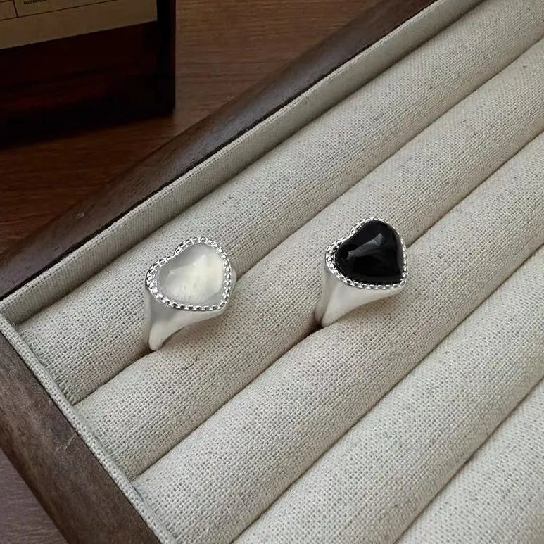 Sterling silver adjustable ring with heart-shaped black agate stone