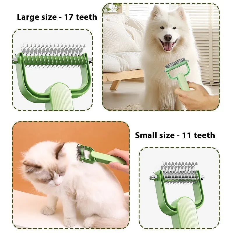 Pet grooming comb with stainless steel teeth and plastic handle in green or grey colour