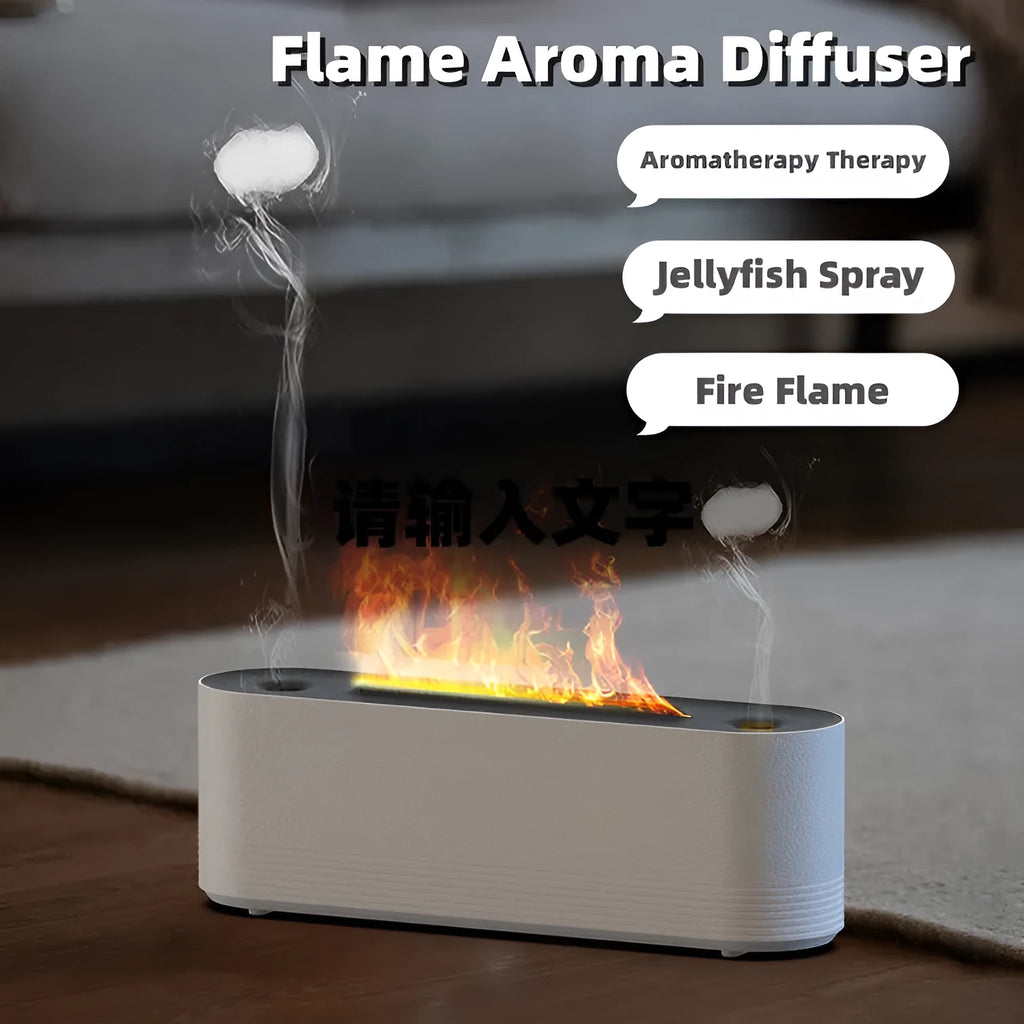 Black ultrasonic aroma diffuser with LED flame light effect emitting cool mist