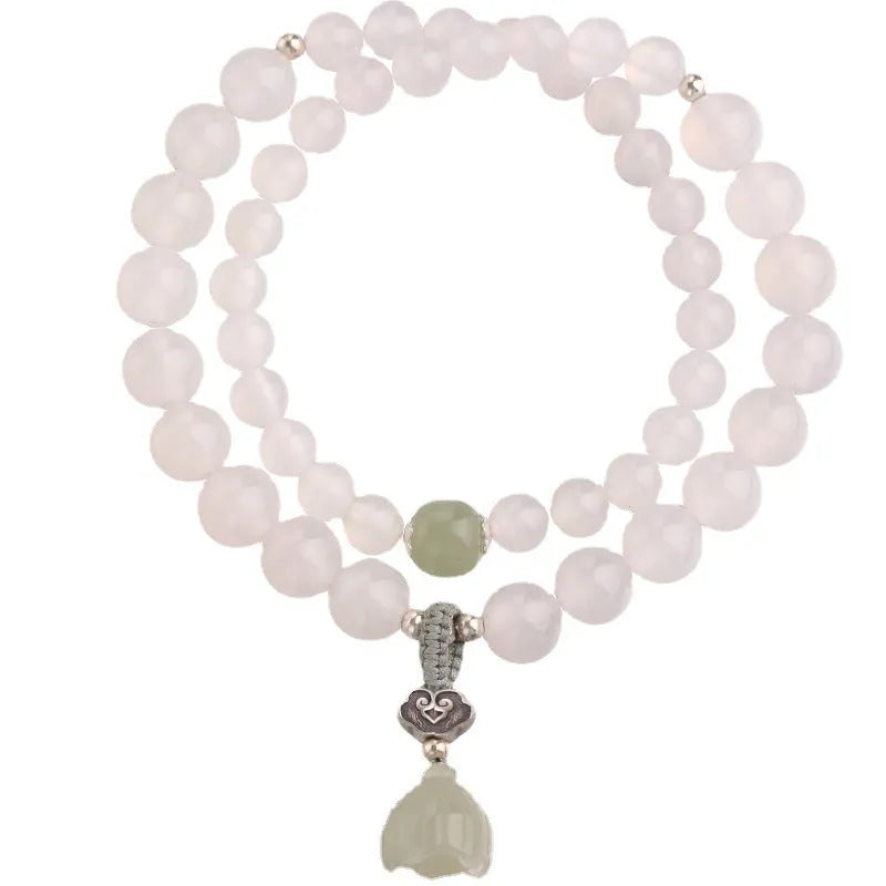 S925 silver bracelet with white agate and Hetian jade stones in geometric lotus design