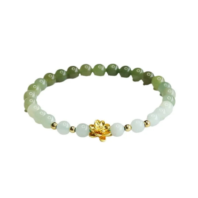 Hand-woven clear water gradient Hetian jade bracelet with 6mm flower beads