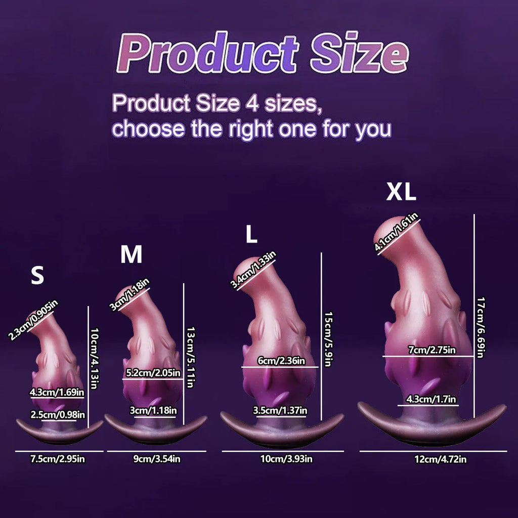 Unisex liquid silicone masturbator in purple gold and black available in S M L XL sizes for adults