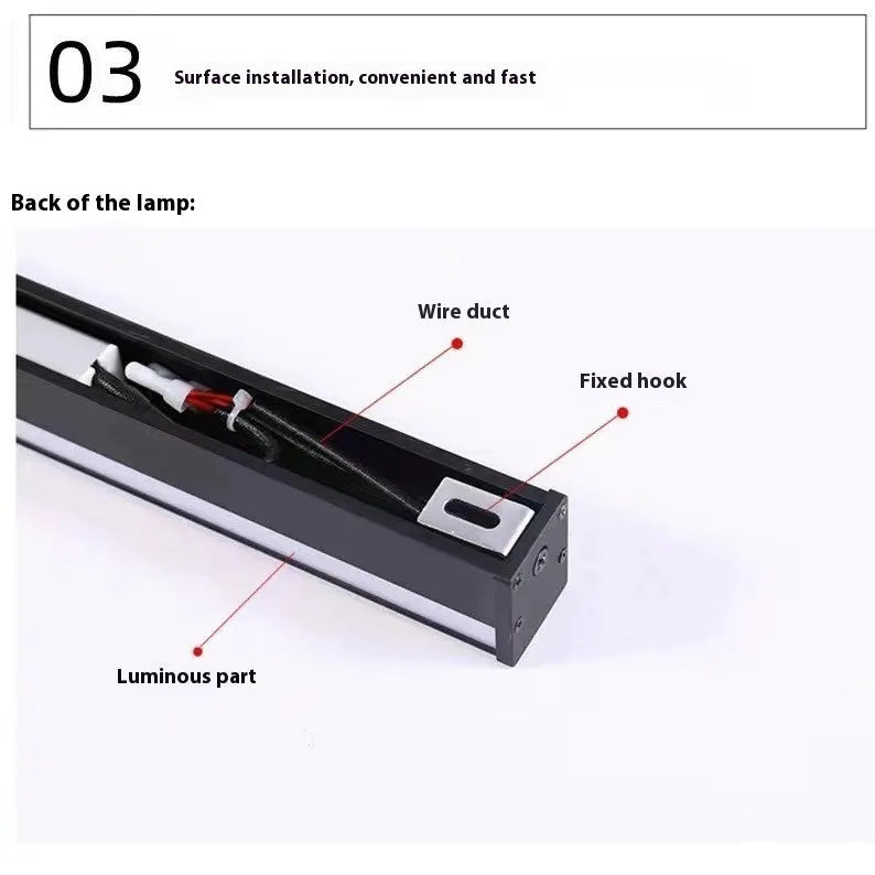Black 80cm long aluminium LED strip wall lamp mounted on a wall, demonstrating three colour light options.
