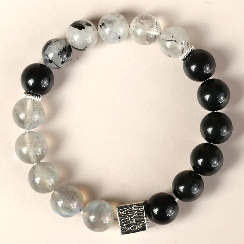 Khaki polished crystal couple bracelet set with 10mm geometric beads in Chinese style