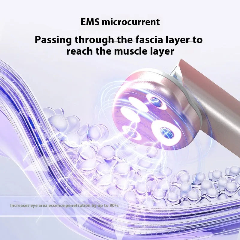Gradient pink eye massager with micro-current vibration and colour light therapy functions