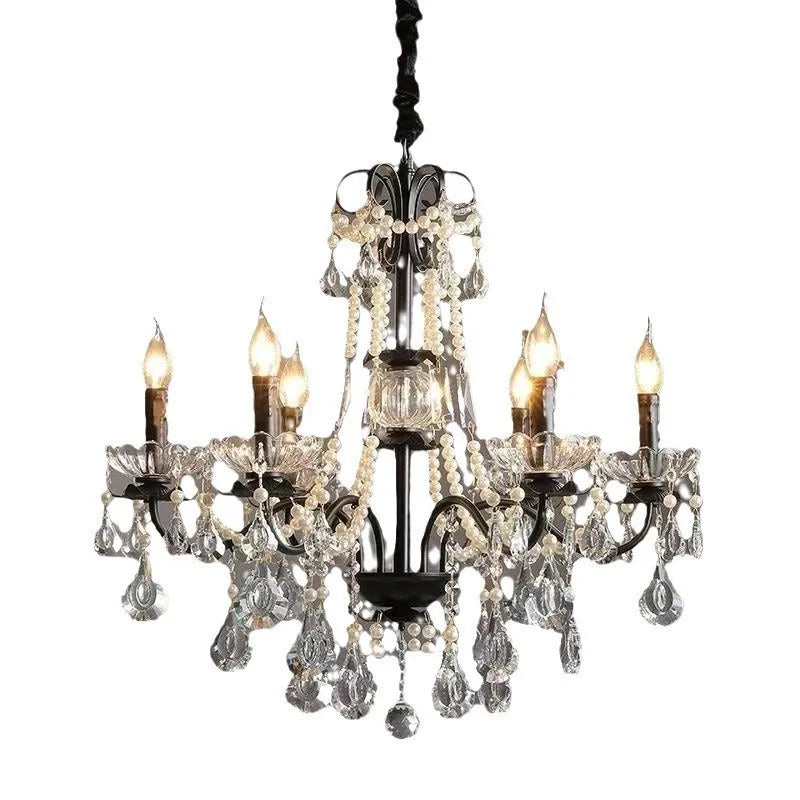 Black crystal chandelier with iron droplight frame and monochrome 220V ceiling light for living room or dining room