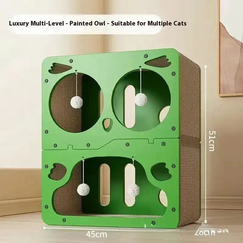 Double-layer cat scratching board and nest in a choice of styles including big eyes, cat head, owl, or double door.
