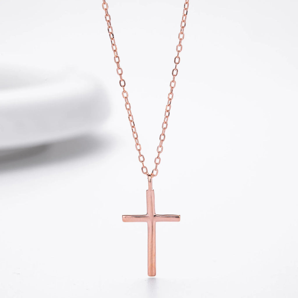 S925 sterling silver cross pendant necklace on adjustable O-shaped chain with three plating options