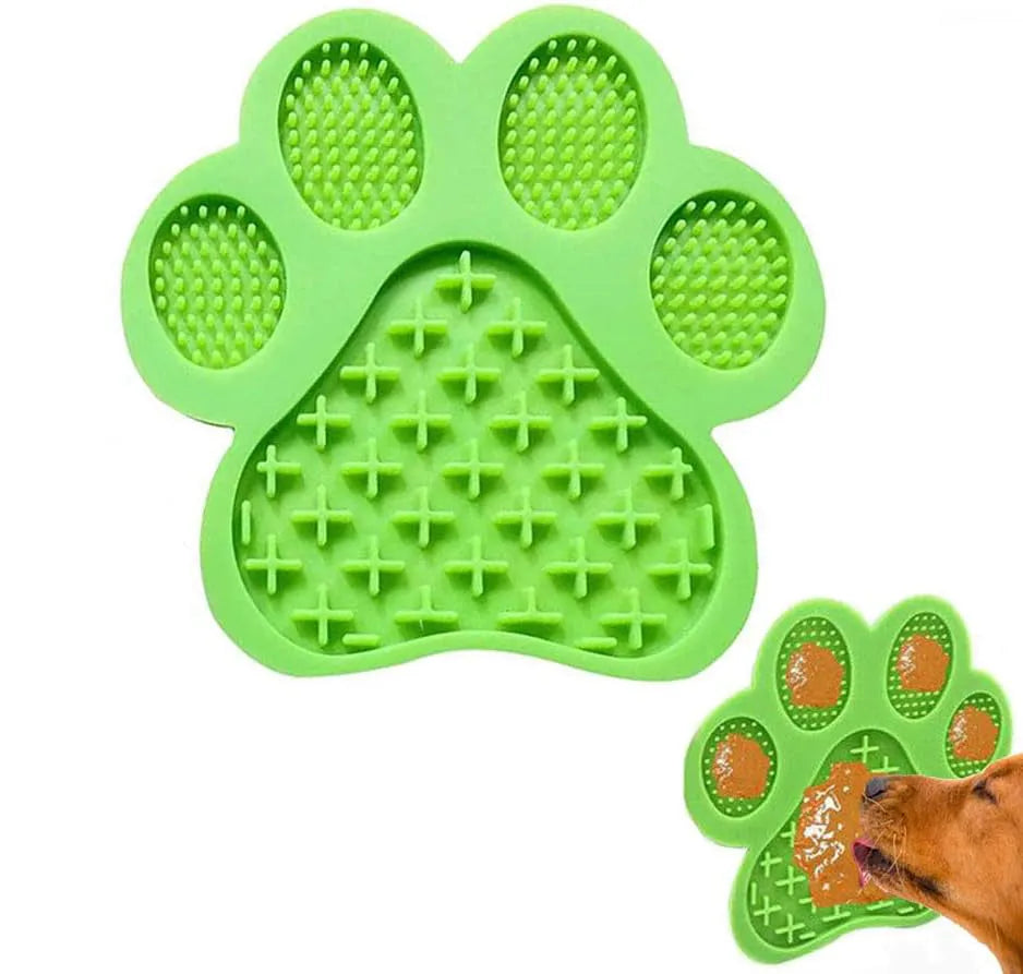 Square blue silicone dog licking mat with bone texture and suction cups on back.