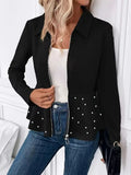 Women's loose fit coat with heavy-duty front zipper and ruffled hem in black, dark red or grey.