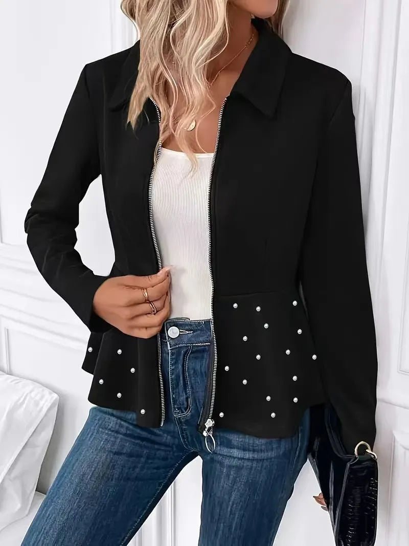 Women's loose fit coat with heavy-duty front zipper and ruffled hem in black, dark red or grey.