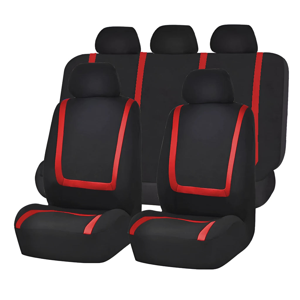 Fully enclosed universal car seat cover set shown in beige and black, protecting front and rear car seats.