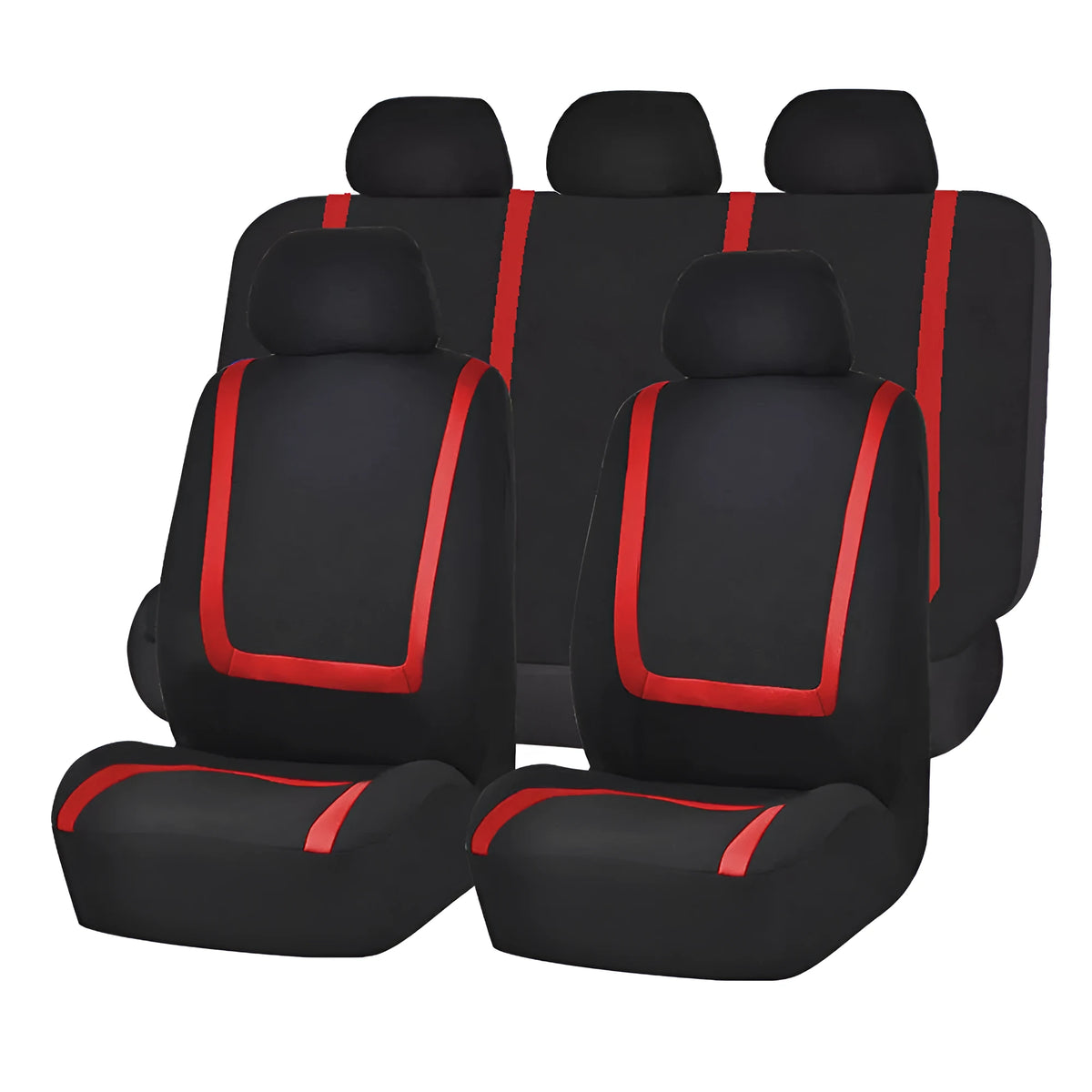 Fully enclosed universal car seat cover set shown in beige and black, protecting front and rear car seats.