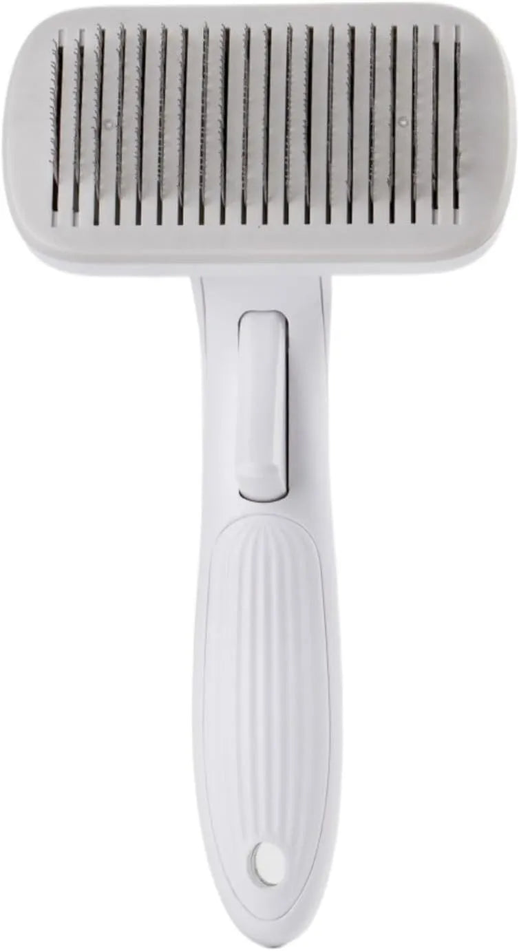 Automatic pet hair removal comb in blue, measuring 10.7cm by 19.5cm.