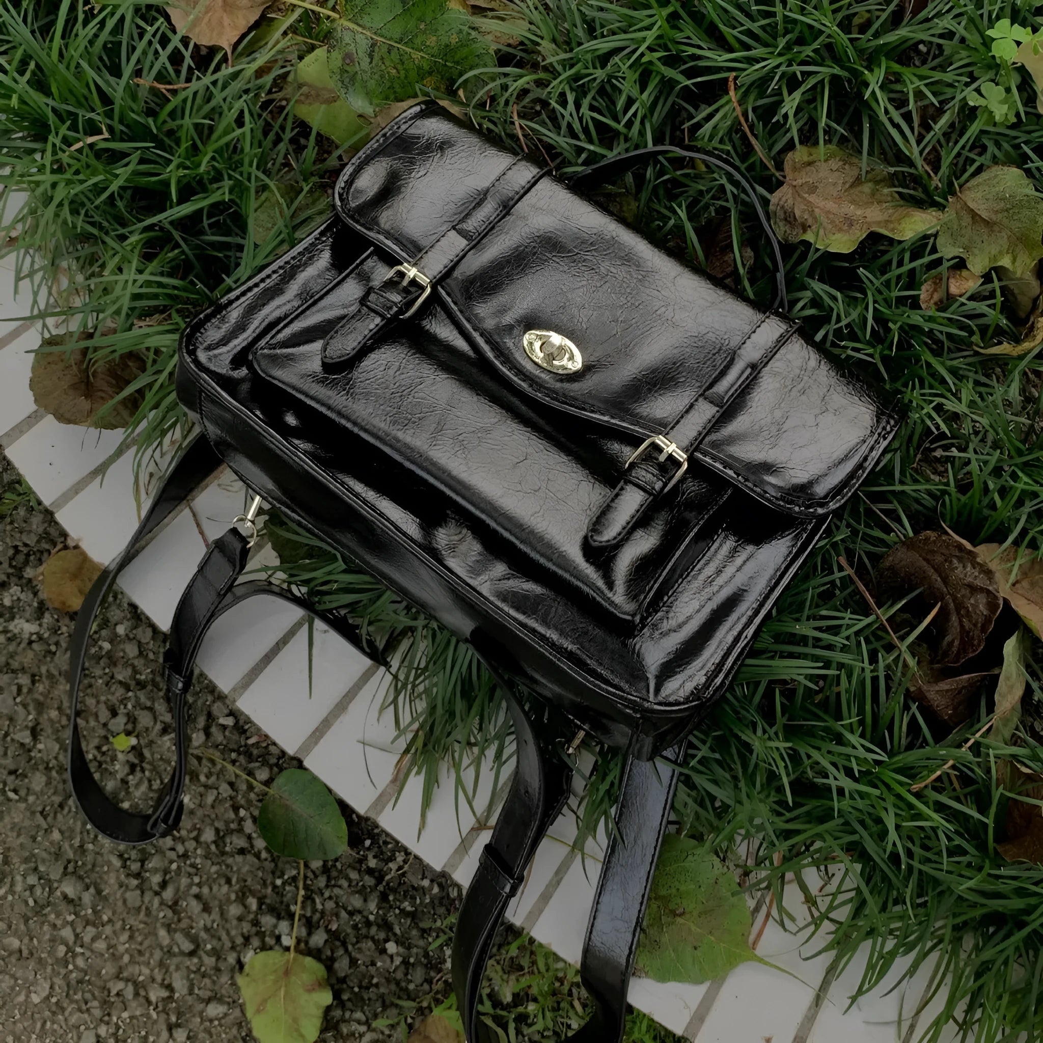 Black college messenger bag with oil wax PU leather appearance, 35cm size