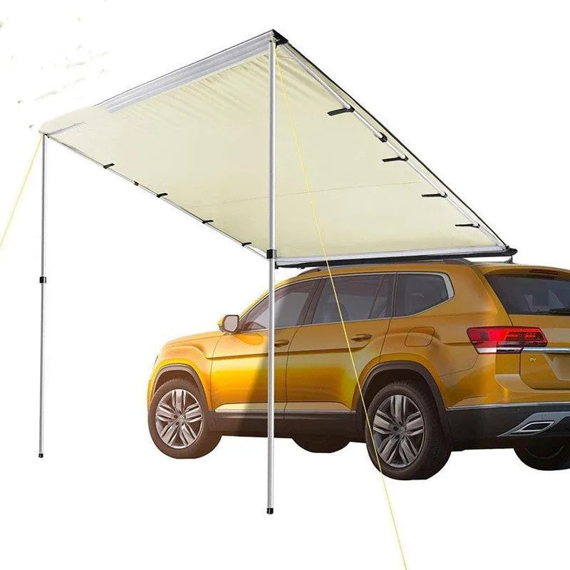 Black two-bedroom camping tent with aluminium alloy poles and Oxford cloth base erected outdoors.