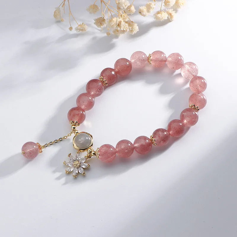Pink strawberry quartz crystal bracelet with electroplated metal components and floral design in Mori style