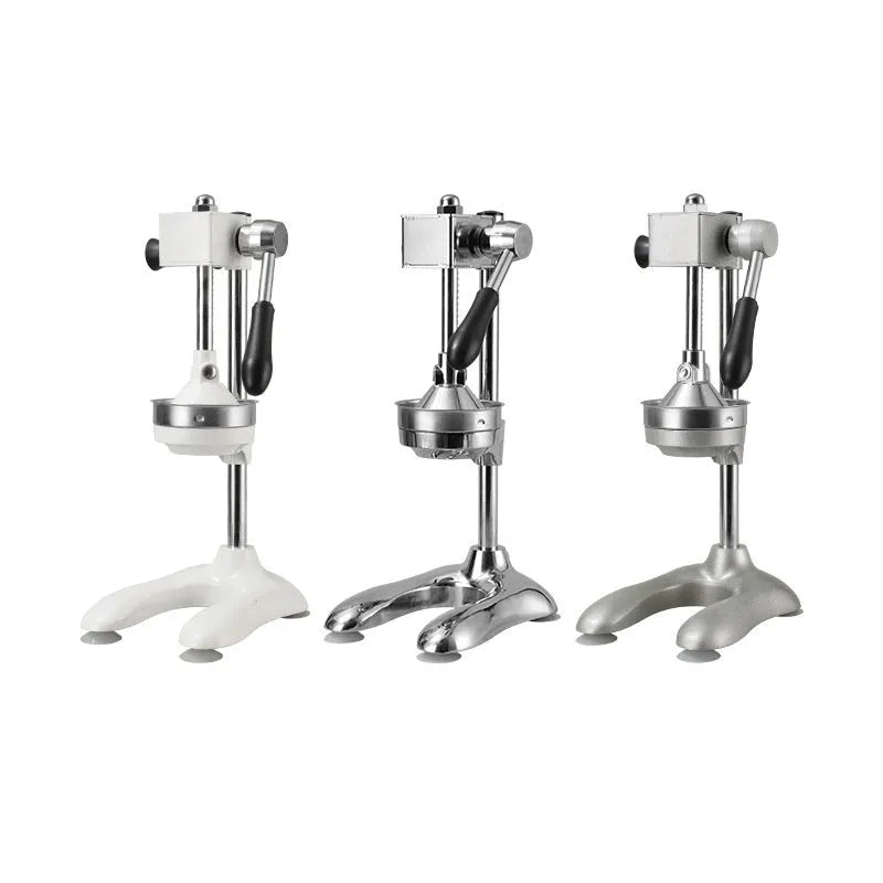 Vertical stainless steel manual juicer shown in multiple colour and head style options for household kitchen use.
