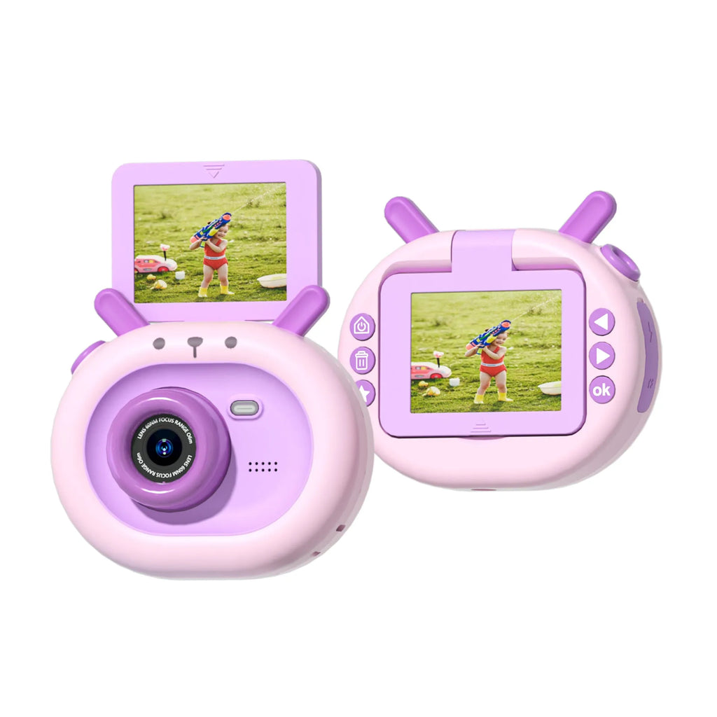 Purple children's digital camera with flip screen, silicone case, and lanyard on a table