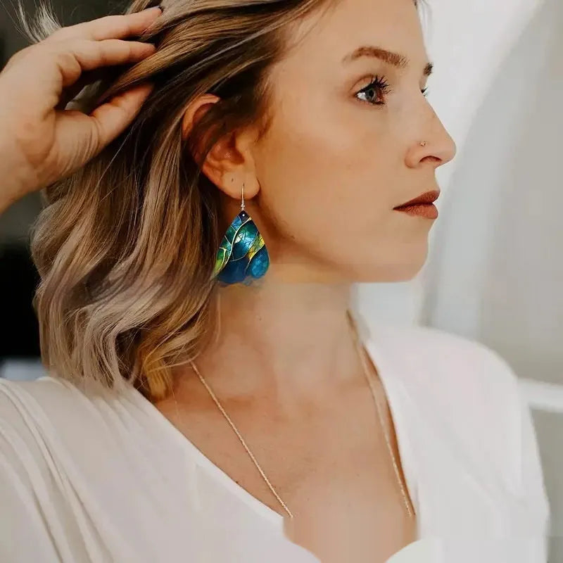 Pair of trendy acrylic flat branch knot drop earrings with printed design for unisex wear