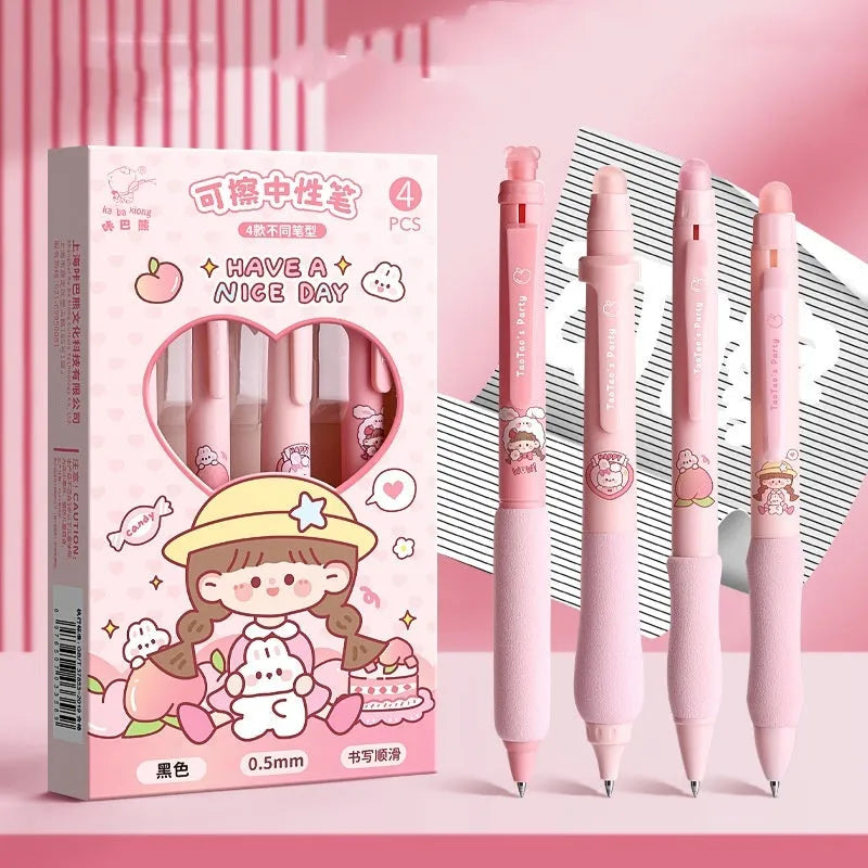 Erasable gel pen with cartoon designs and 0.5mm tip in black or crystal blue ink