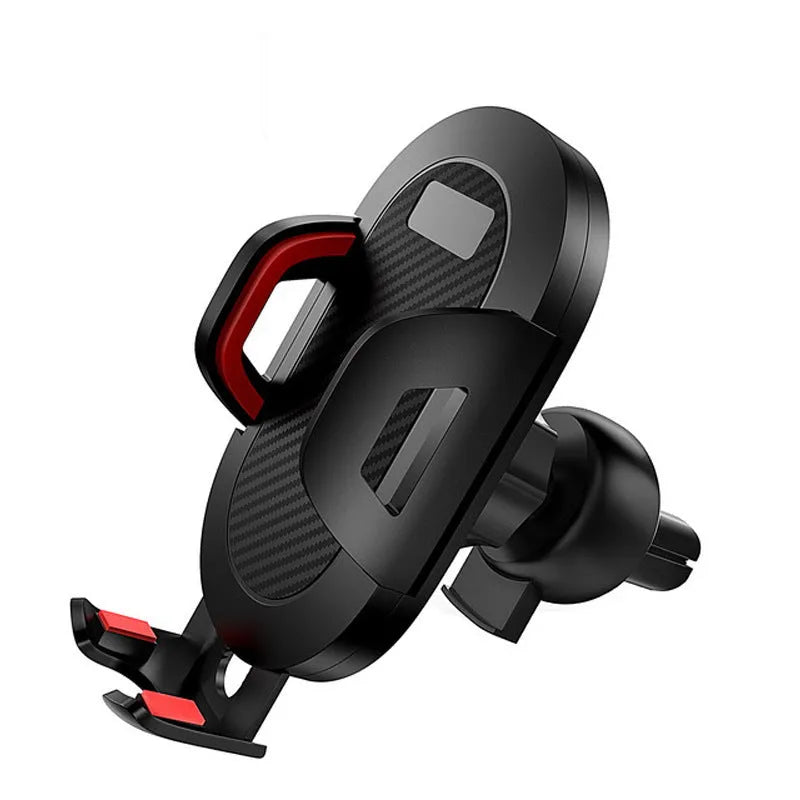 Auto-lock car phone holder in black with grey trim mounted on car air vent holding a smartphone
