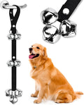 Silver metal dog training bells on an adjustable nylon leash for potty training
