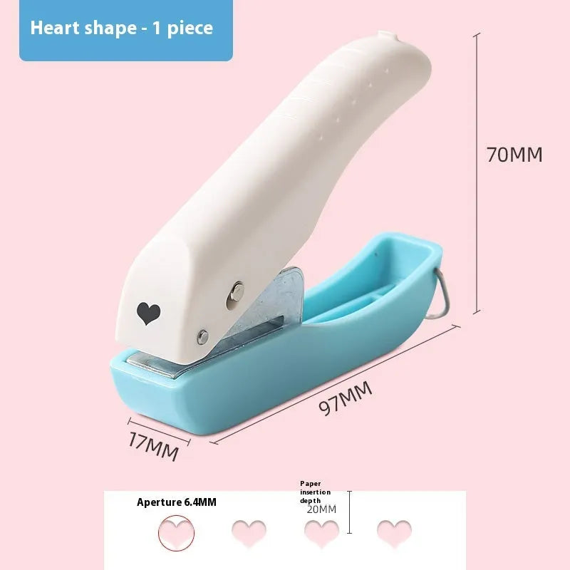 Small manual punching machine with four metal dies: love heart, star, 4mm round, and 6mm round hole.