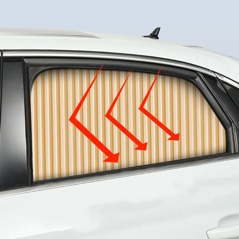 Retractable car sun curtain shown in extended position with roller shutter mechanism