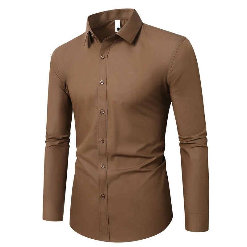 Men's slim fit long sleeve linen shirt in multiple colour options on a hanger.