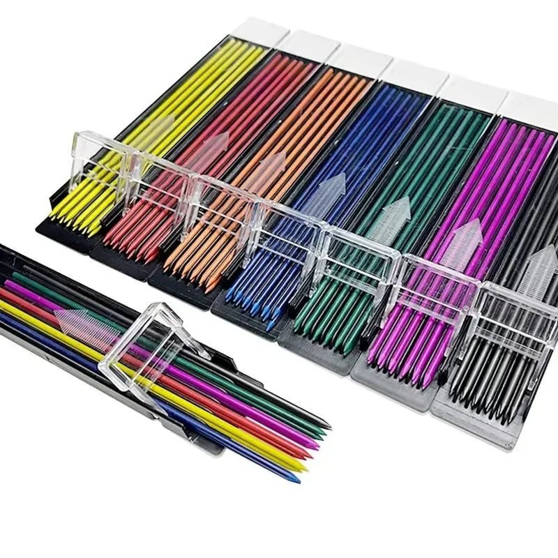 Box of 12 mechanical pencil lead refills in rainbow colours with 0.5mm diameter for drawing and writing