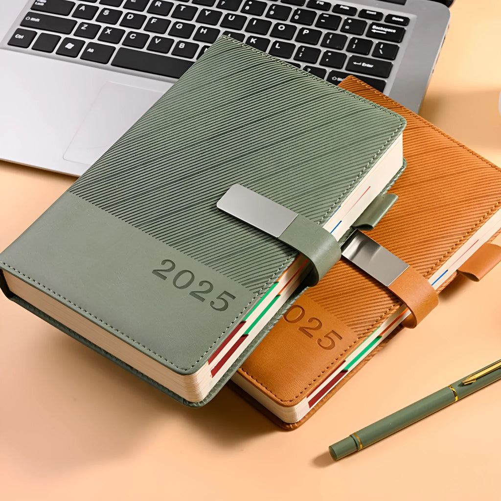 A4 office notepad with striped PU leather cover showing eight colour options