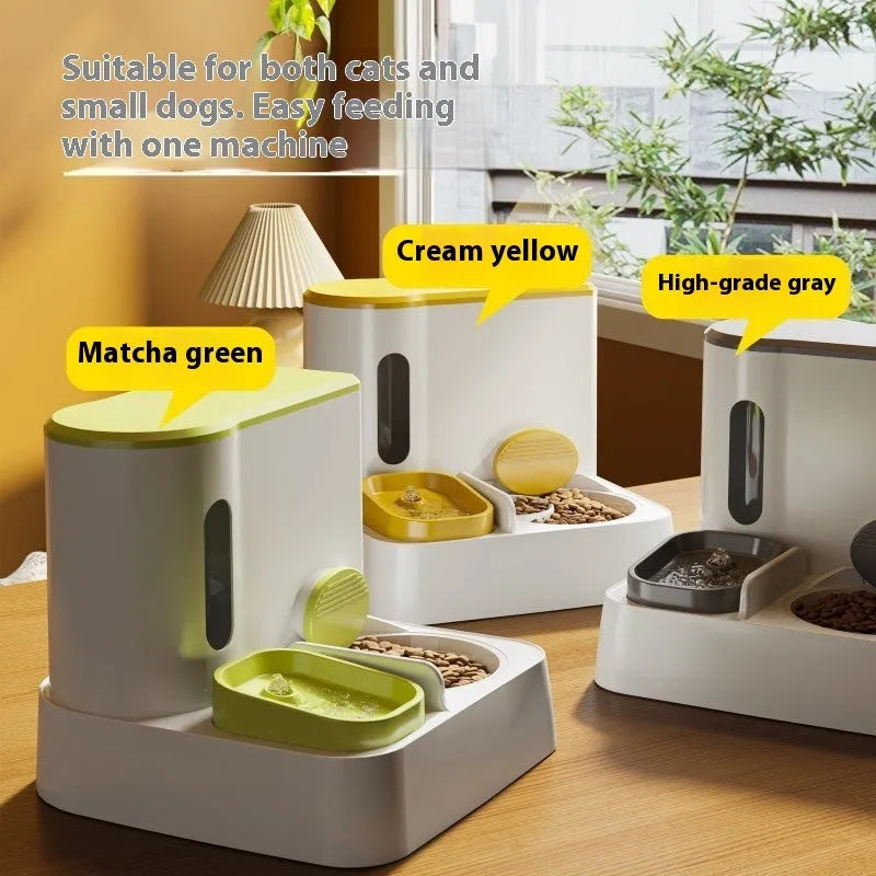 Grey automatic cat feeder and water dispenser station with integrated double bowls